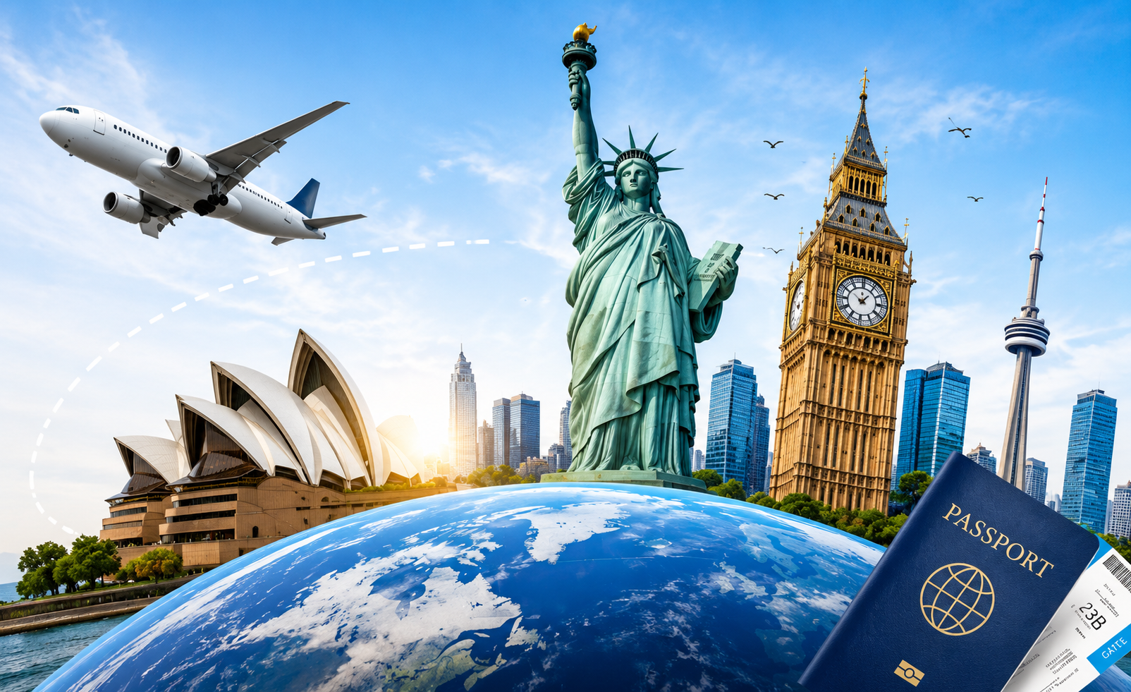 Global landmarks, flight, globe, and passport