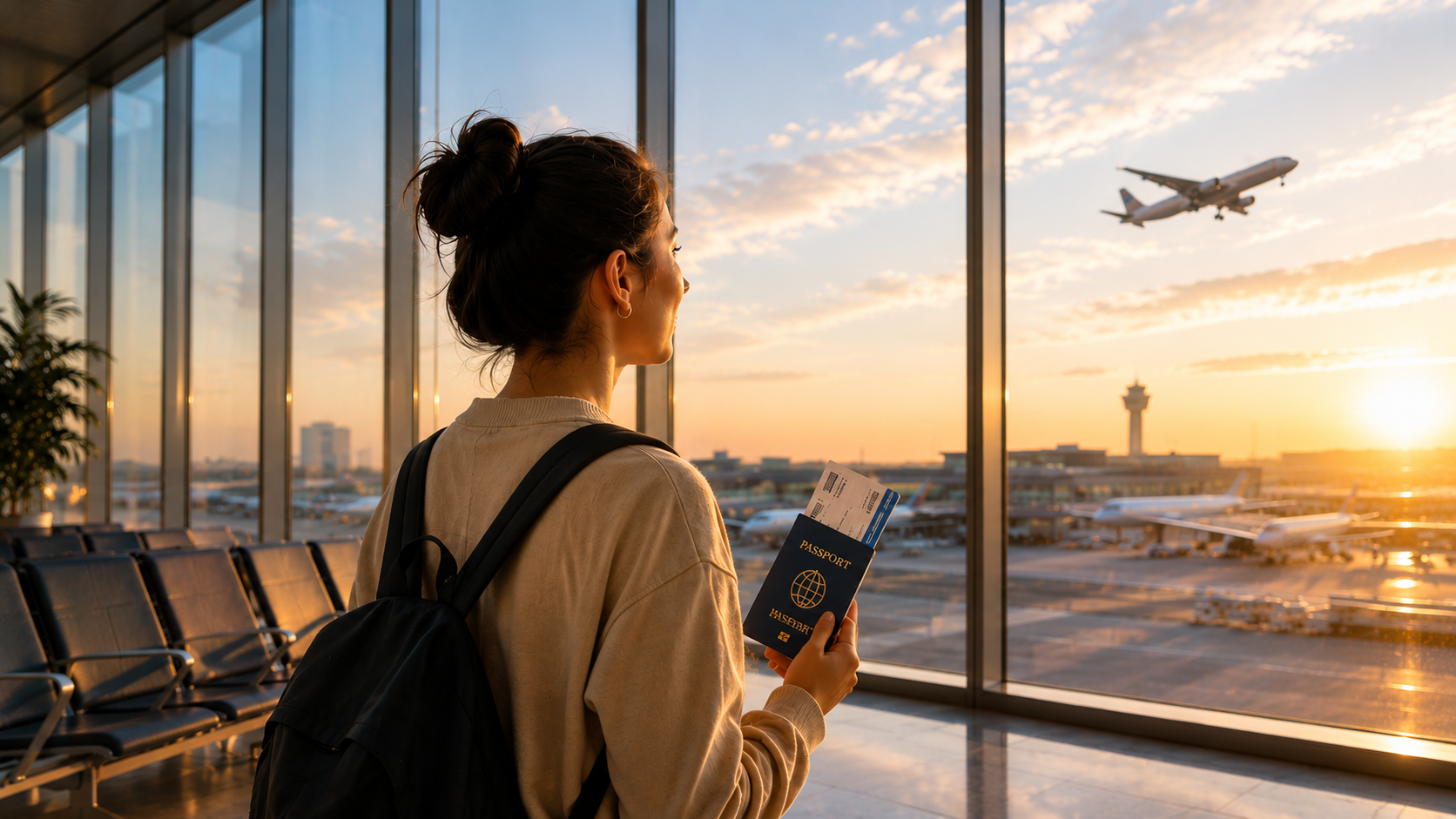 Traveler watching a plane from an airport lounge
